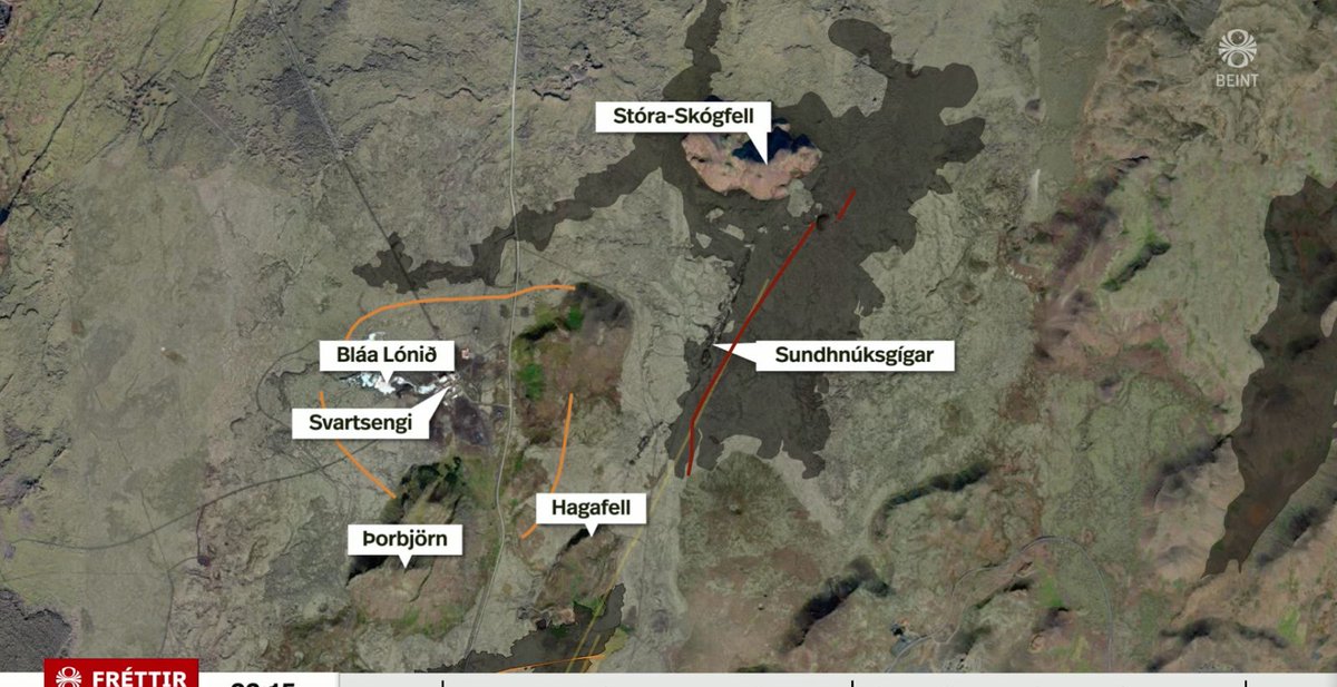The new #eruption fissure NE of Grindavík is marked in red, 3-4 km long. 📸 @RUVfrettir