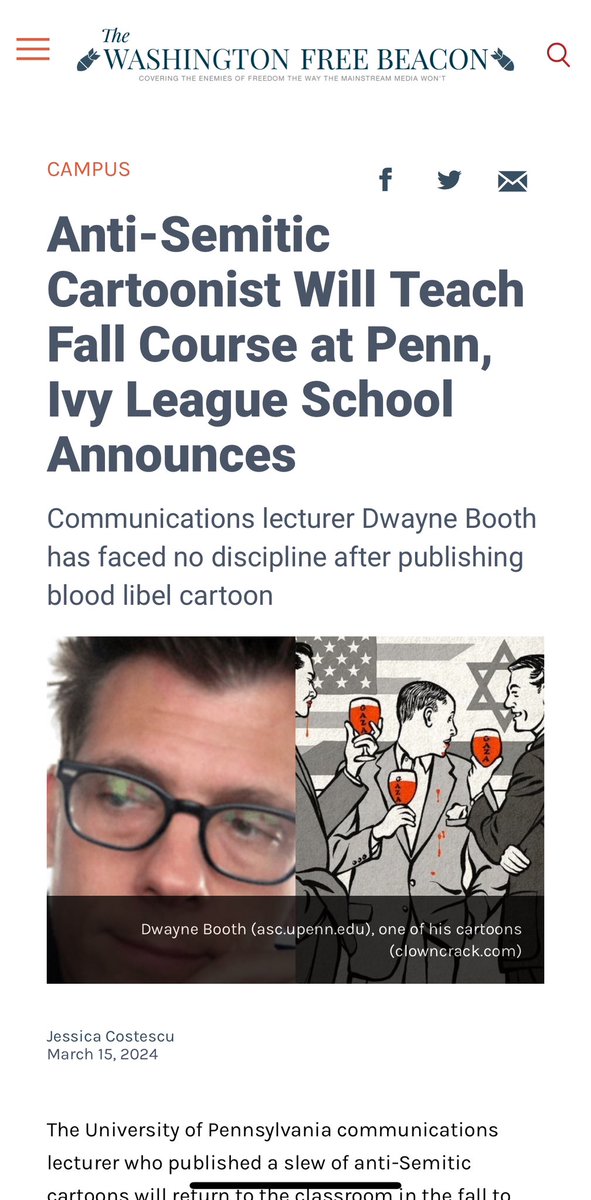 msfreund's tweet photo. Not to be outdone by #antisemitism at @Harvard, the geniuses at @Penn will offer a course by Dwayne Booth, who penned a cartoon which “depicts Zionists sipping Gazan blood from wine glasses, a version of the ancient blood libel employed in anti-Semitic propaganda.”
#DefundPenn https://t.co/8i5gFHVKgp