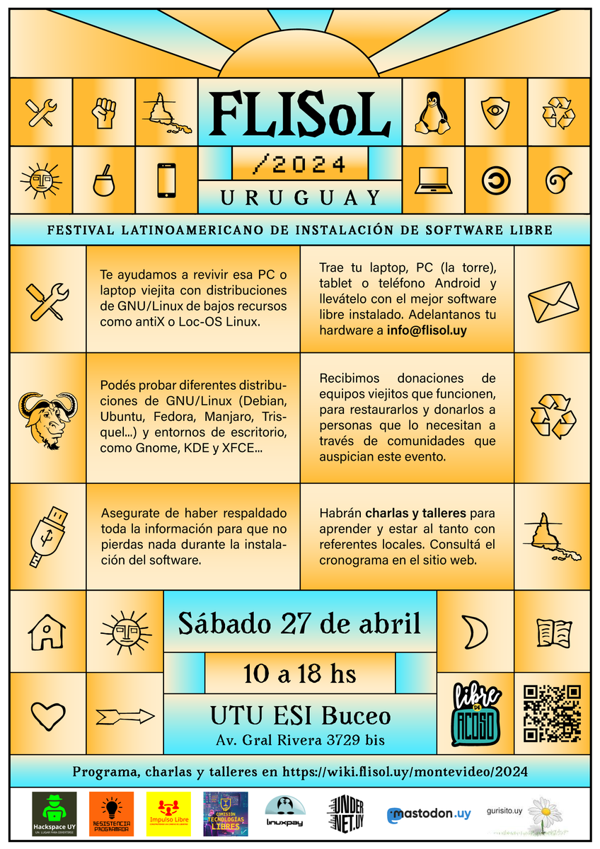 flisoluy_'s tweet photo. Desde el comité organizador de la FLISoL Uruguay 2024, tenemos el placer de anunciar oficialmente el lanzamiento del evento y la convocatoria a charlas, talleres y stands. El evento sería el sábado 27 de abril en la UTU ESI Buceo, Gral. Rivera 3729 Bis de 10 a 18hs. https://t.co/jdu9cXaglv