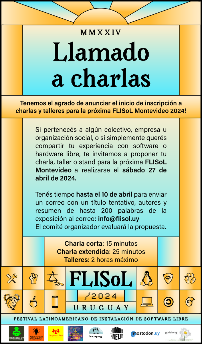 flisoluy_'s tweet photo. Desde el comité organizador de la FLISoL Uruguay 2024, tenemos el placer de anunciar oficialmente el lanzamiento del evento y la convocatoria a charlas, talleres y stands. El evento sería el sábado 27 de abril en la UTU ESI Buceo, Gral. Rivera 3729 Bis de 10 a 18hs. https://t.co/jdu9cXaglv