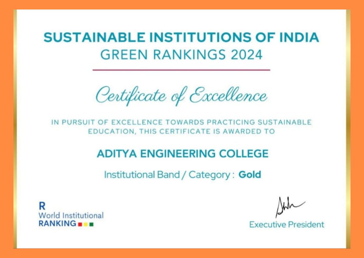 AdityaEduGroup's tweet photo. Aditya Engineering College has been awarded the prestigious Gold Certificate in Sustainable Institutions of India Green Rankings 2024 by 'R' World Institutional Ranking. 🏅🌱  #Sustainability #GreenRankings2024 #AdityaEngineeringCollege https://t.co/g7xw9tOU4a