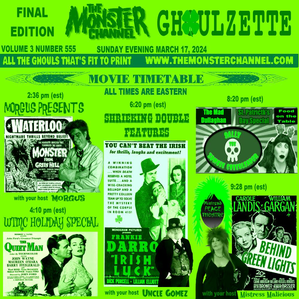 EerieLateNight's tweet photo. Happy Saint Patrick's Day! π
Sunday on The Monster Channel!
https://t.co/NvRAe8VnaE
#hackshorrorshow #donsbreakfastserialshow #nuttystreehouse #morguspresents #shriekingdoublefeatures #unclegomez #sallythezombiecheerleader #mistresspeacetheatre #mistressmalicious https://t.co/x2pZHzqwPV
