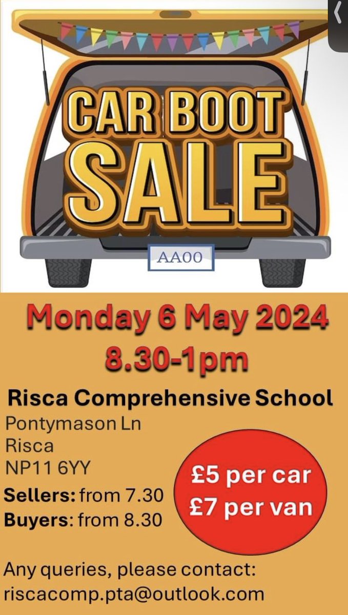 Car Boot Sale at Risca Community Comprehensive School, Monday May 6th 8.30-1 #risca