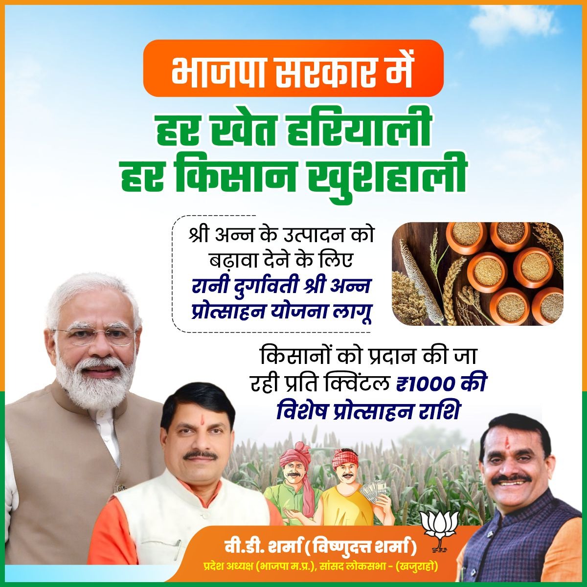 भाजपा सरकार में हर खेत हरियाली, हर किसान खुशहाली!

श्री अन्न के उत्पादन को बढ़ावा देने के लिए रानी दुर्गावती श्री अन्न प्रोत्साहन योजना लागू
किसानों को प्रदान की जा रही प्रति क्विंटल ₹1000 की विशेष प्रोत्साहन राशि