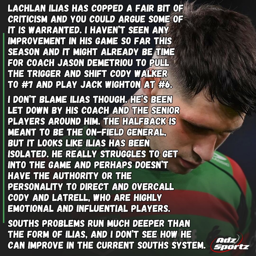 Might be time to give Ilias a spell from first grade so he can work on his own game and regain some confidence. - What do you think Souths should do with Ilias? #NRL