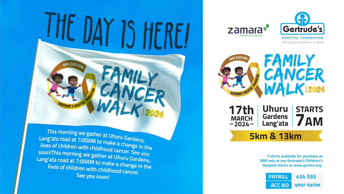 This morning we gather at Uhuru Gardens, Lang'ata Road at 7:00 AM to make a change in the lives of children with childhood cancer. See you soon! #AnnualFamilyWalk2024 #GertrudesKe