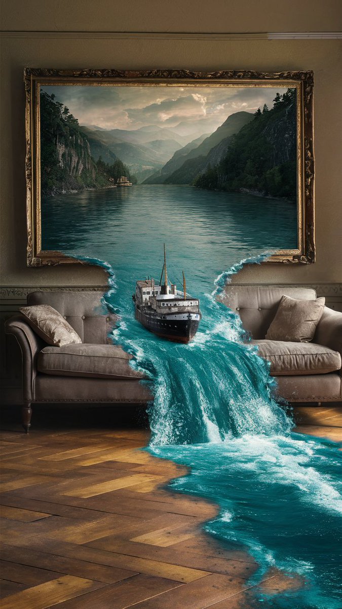 Prompt: A surreal photograph of a river floating out of an oil painting on a living room wall and spilling over a couch and the wooden floor. The painting depicts a tranquil river between mountains. a ship gently bobbing in the water and entering the living room. The river's edge…