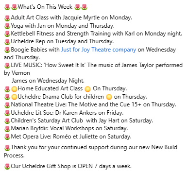 CanUcheldreCtr's tweet photo. #WhatsOnThisWeek #AdultArtClass #Yoga #Kettlebells #Rep #BoogieBabies #LiveMusic #JamesTaylor #HomeEducatedArtClass #DramaClub #NTLive #LitSoc #SatArtClub #VocalWorkshops #MetOpera https://t.co/L3HmVrFnGj