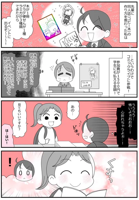 今日はHARUコミかぁ!参加される方、楽しんで下さいー!
こちらは高校生ではじめてイベントに出て脳汁出ちゃった話 