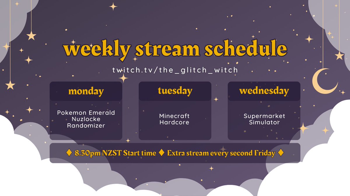 Here's what the next week of streams looks like! We've been having so much fun so come along and join the coven! twitch.tv/the_glitch_wit…