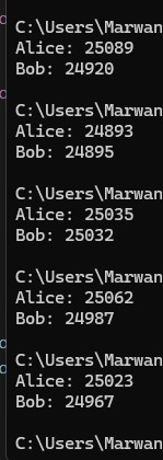 marwan_pgx's tweet photo. @littmath This got me thinking, I coded it and heres 5 outputs of 100000 coin flips, I thought alice would win at first, but its equal because after every H, its 50/50 https://t.co/UMVDjblSRr