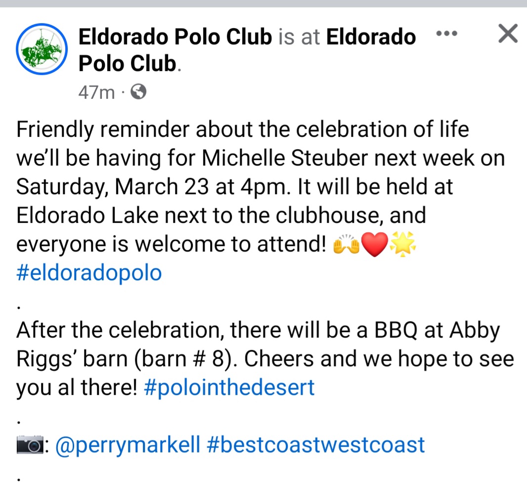 SoOCPonyClub's tweet photo. Celebration of Life next Saturday March 23rd at 4pm @EldoradoPolo by Lake next to Clubhouse FIELD 1 for our @USPonyClubs friend Dr. Michelle Stueber DC #celebrationoflife #RIP https://t.co/iQeqfNS1QG