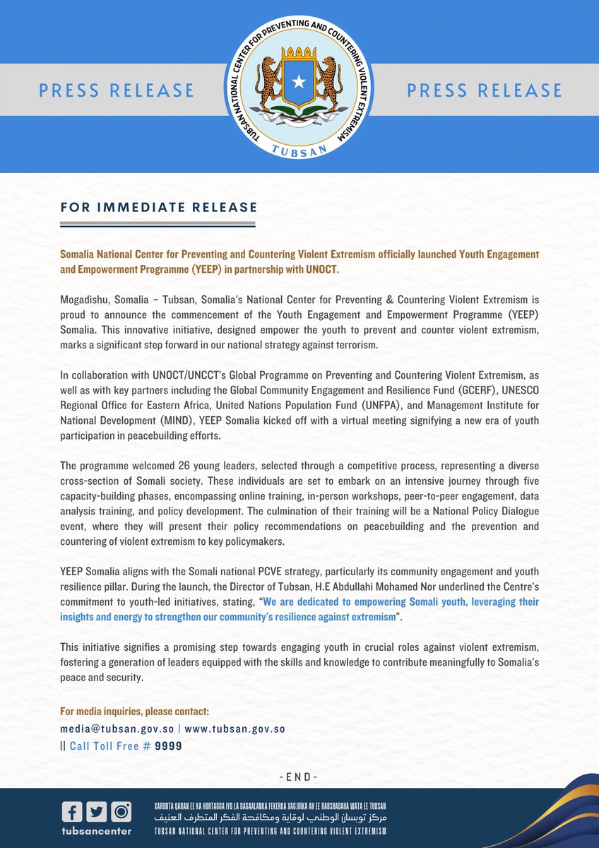 Exciting News! Tubsan National Center is pleased to announce the formal launch of YEEP Somalia via a virtual meeting, signifying a crucial milestone in the involvement of youth in peacebuilding initiatives. We are honored to welcome 26 exceptional young leaders, who have been