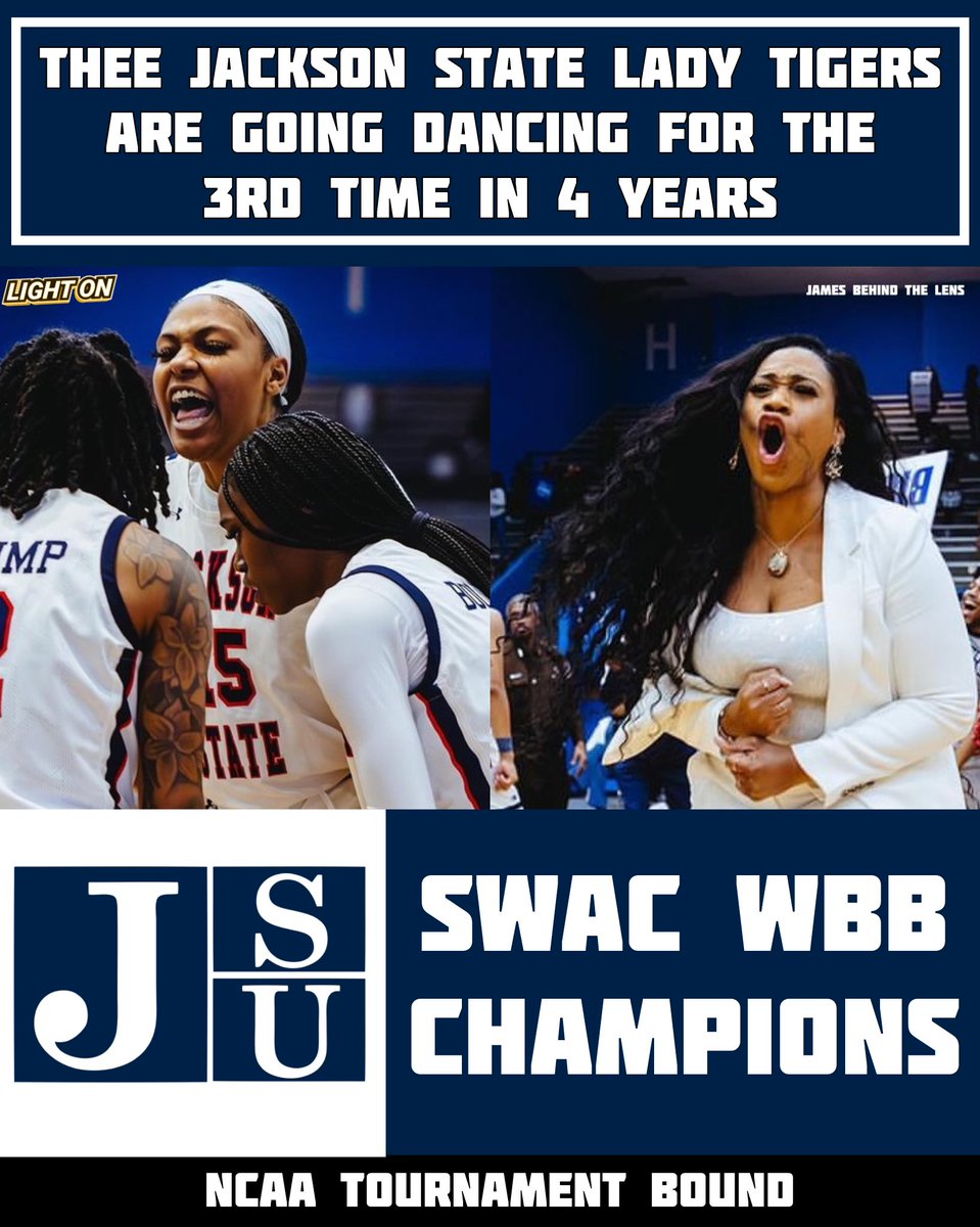 Thee Jackson State Lady Tigers are headed to the NCAA Women’s Tournament for the 3rd time in 4 years. 🐅🔥 JSU dominated Alcorn State in the SWAC Championship game 68-44 to win the 2024 SWAC Tournament Title. 🏆 Coach Tomekia Reed and her Tigers went 21-0 against SWAC opponents…