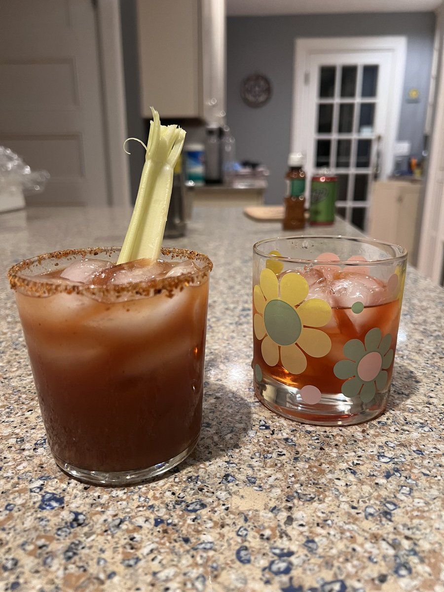 Saturday libations. Mezcal bloody mary and a boulevardier on the rocks.