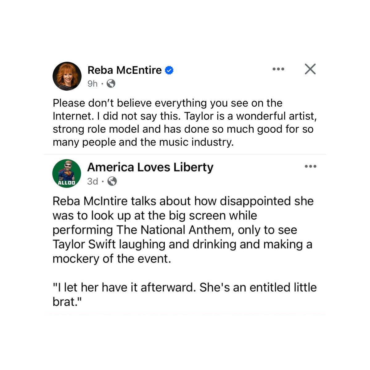 🗣️| Legendary country star <a href="/reba/">Reba McEntire</a> shuts down rumors and defends <a href="/taylorswift13/">Taylor Swift</a> in a recent post claiming she was making a mockery of the Super Bowl while Reba was singing the National Anthem.