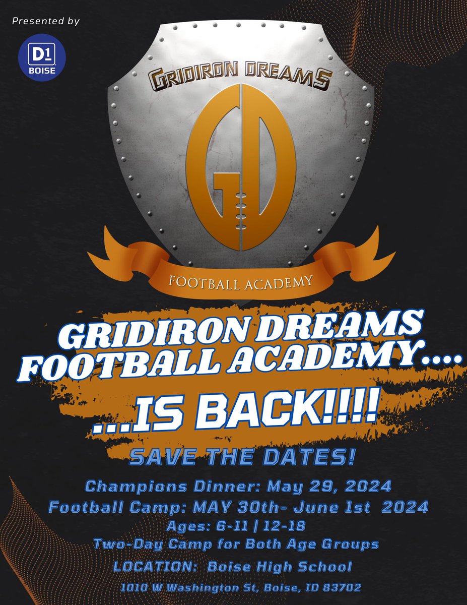 🚨BREAKING 🚨

Gridiron Dreams Football Academy is back for our 14th summer, May 30 to June 1, 2024 at Boise High School!! 

We will once again be assembling <a href="/BroncoSportsFB/">Boise State Football</a> 's finest to impact the youth in the Treasure Valley!

This year's weekend will consist of three events