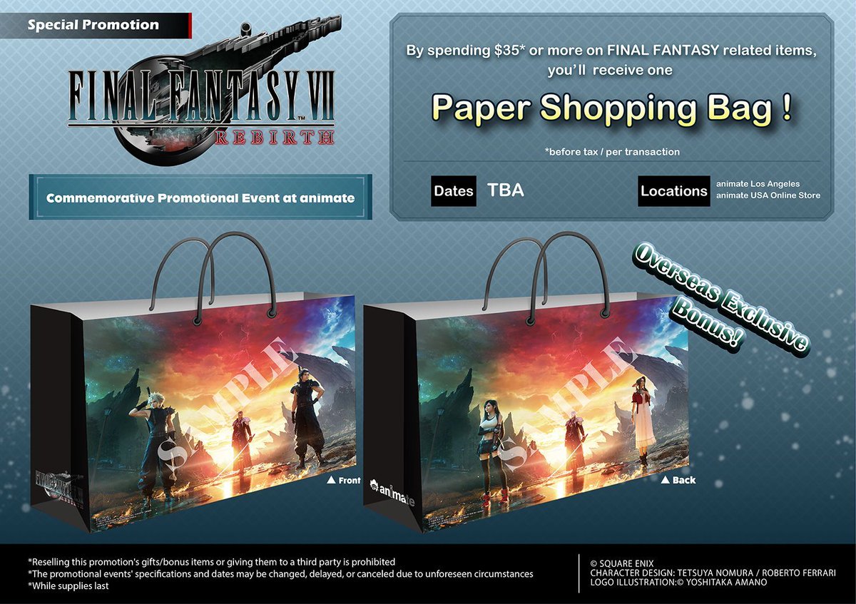 The Final Fantasy VII Rebirth Commemorative Promotional Event starts today at the animate USA Online Store! Customers will receive photo cards and a shopping bag when they buy Final Fantasy items♪ Dates: 3/16 - 4/7 buff.ly/3IGjMfW