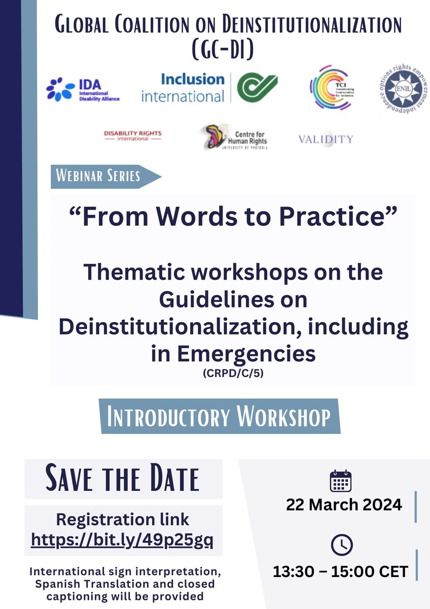 GCDI is organizing an introductory workshop on its webinar series “From Words to Practice” GC-DI Thematic workshops on the Guidelines on deinstitutionalization, including in Emergencies Date: 22 March 2024 Time: 13:30-15:00 CET Register now: bit.ly/49p25gq
