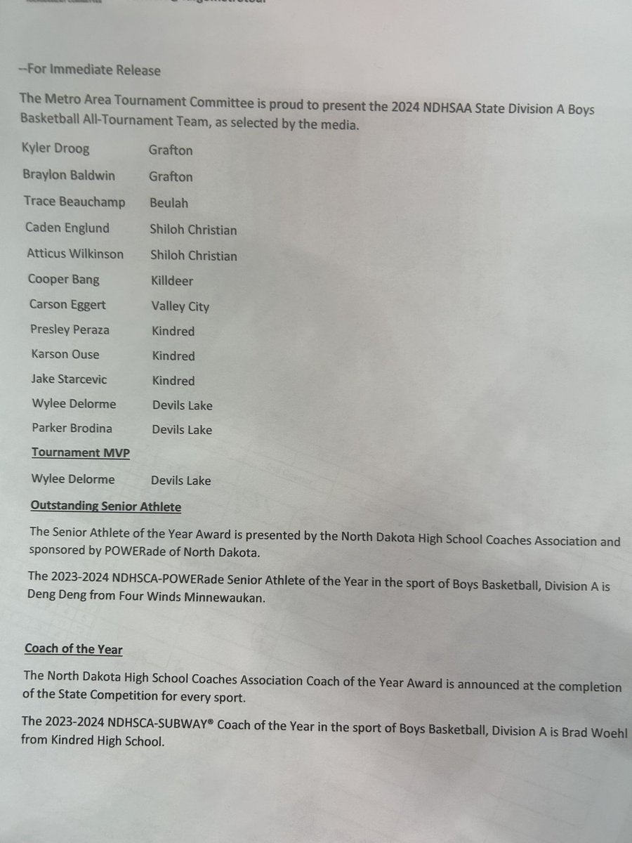 ChaseMillerND's tweet photo. Division A All-Tournament Team 

Senior Athlete of the Year - Deng Deng, Four Winds-Minnewaukan 

Coach of the Year - Brad Woehl, @kindredbball 

#NDpreps https://t.co/svzwmYHcPg