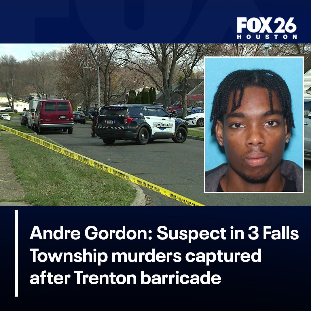 FOX26Houston's tweet photo. Andre Gordon Jr., the man accused of killing his stepmother, teen sister, and the mother of his two children in Falls Township, has been taken into custody after an hourslong standoff in Trenton. #fallstownship #trentonbarricade
READ THE FULL STORY: https://t.co/T9QS9AYbjw https://t.co/2JuDPqY3OJ