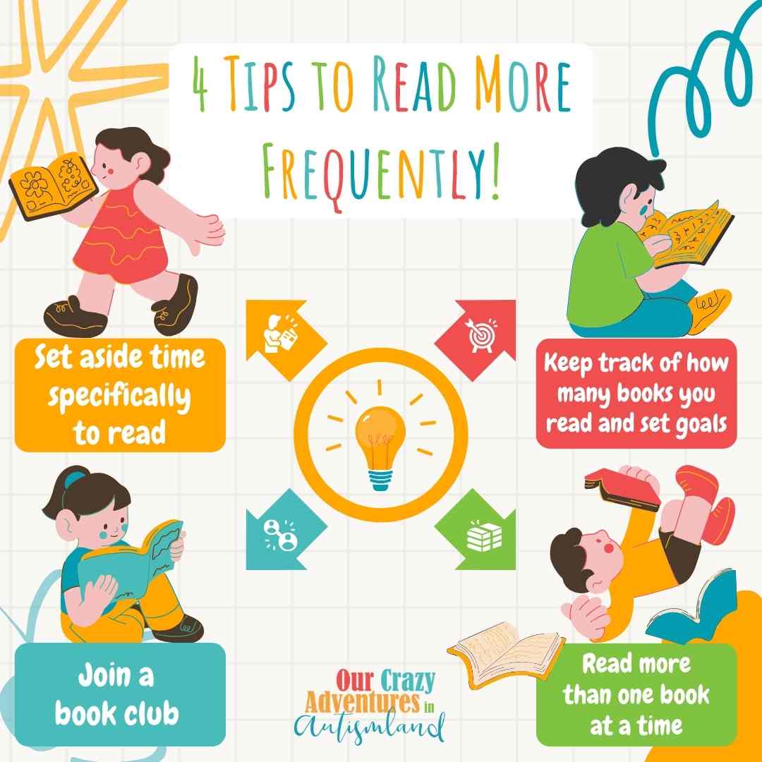 Reading is one of my favorite self care tips  
I have books laying everywhere so when the opportunity presents itself, I'm ready. 
How much reading do you do these days?

 #autismselfcare #autismlife #autismland  #autistic #autismfamily #reading #parentingautism #readmorebooks