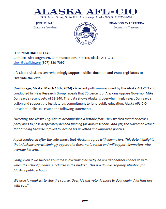 alaskalandmine's tweet photo. The Alaska AFL-CIO sent out this poll they recently conducted on @GovDunleavy's veto of SB140. The results of their poll show overwhelming opposition to the veto. It was conducted on March 15, one day after the veto. #akleg 

Here is the full poll:

https://t.co/XRrX5ZoNjj https://t.co/2bkl7s7bxW