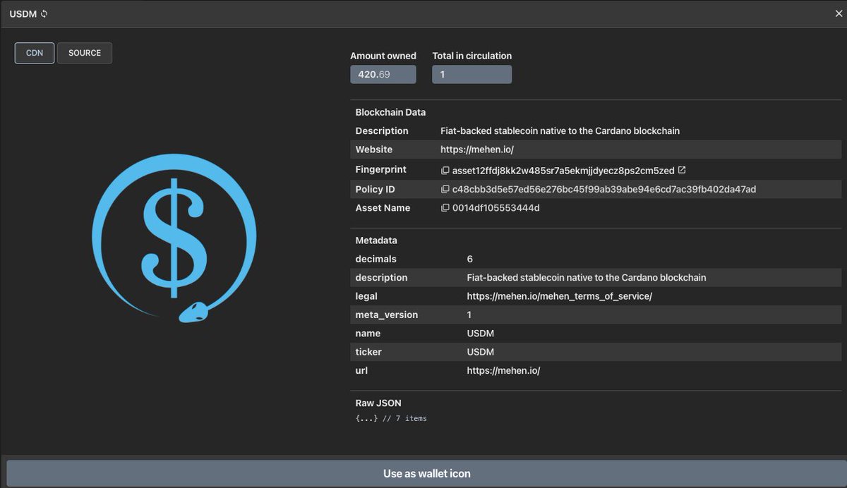 #CardanoCommunity,

$USDM IS HERE! 

policyID - c48cbb3d5e57ed56e276bc45f99ab39abe94e6cd7ac39fb402da47ad

assetName - 0014df105553444d