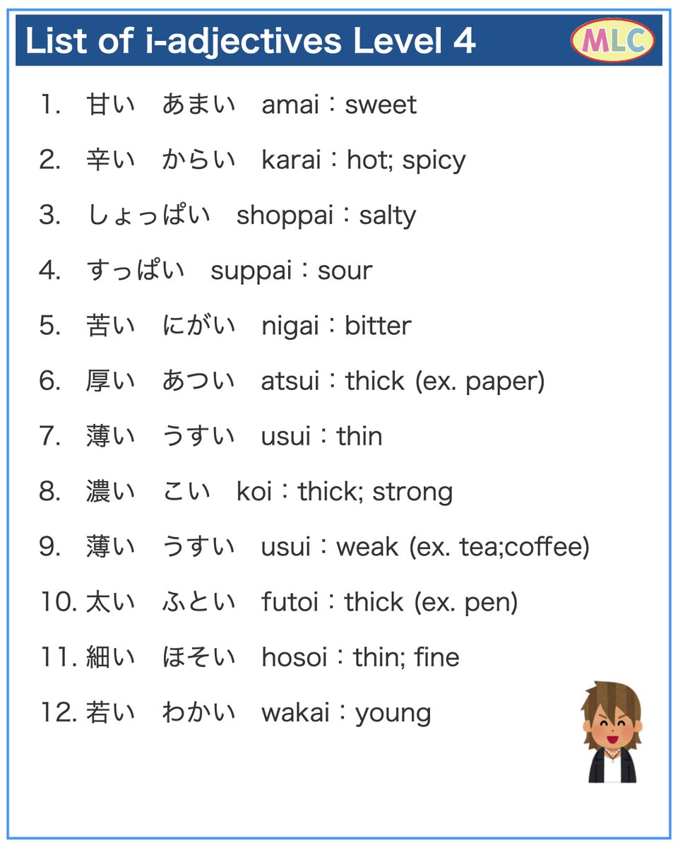 mlcjapanese's tweet photo. Japanese i-adj. 

#japanese #japaneselanguage #adjective #jlptn5 #jlptn4 https://t.co/DZLceD1WTt