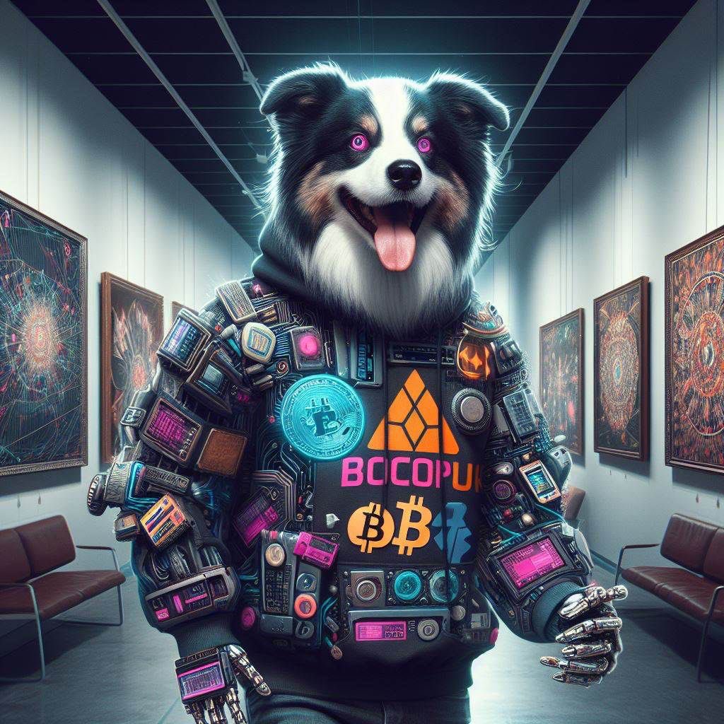 In a futuristic cyberpunk gallery, a lively Border Collie, adorned in a chic sweatshirt, explores the vibrant artwork while keeping an eye on its cell phone and cryptocurrencies.