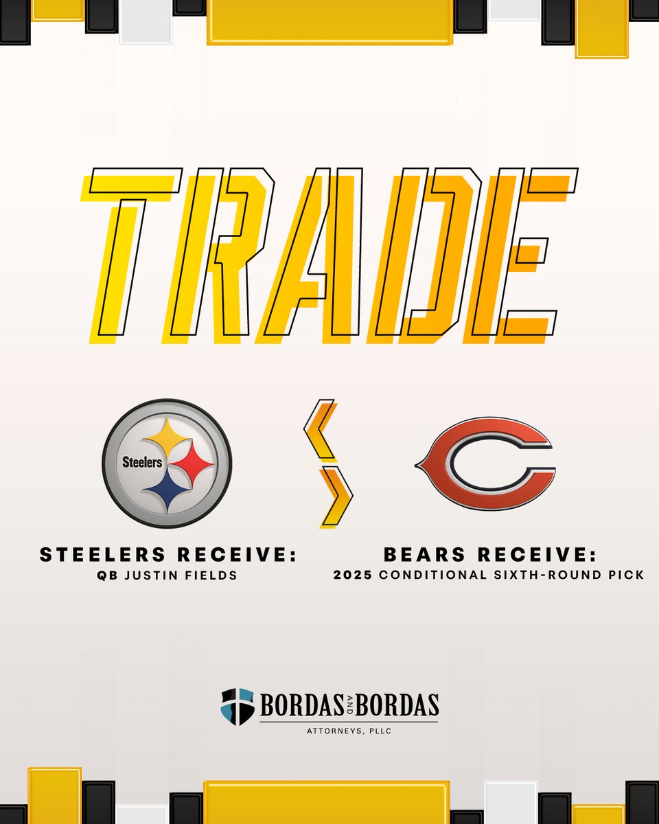 Pittsburgh Steelers (@steelers) on Twitter photo We have acquired QB Justin Fields from the Chicago Bears in exchange for a 2025 conditional sixth-round pick. <a href="/BordasLaw/">Bordas & Bordas</a>
📝: bit.ly/3PooClG We have acquired QB Justin Fields from the Chicago Bears in exchange for a 2025 conditional sixth-round pick. <a href="/BordasLaw/">Bordas & Bordas</a>
📝: bit.ly/3PooClG
