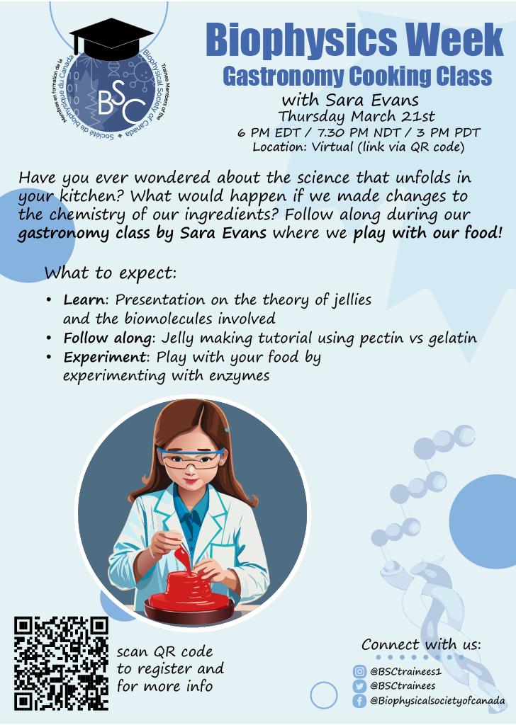 BSCtrainees's tweet image. Join with us and explore Gastronomy cooking class with Sara Evans on March 21st, 6pm EDT via Zoom. 
Connect, learn, and grow!!! 
#BiophysicsWeek