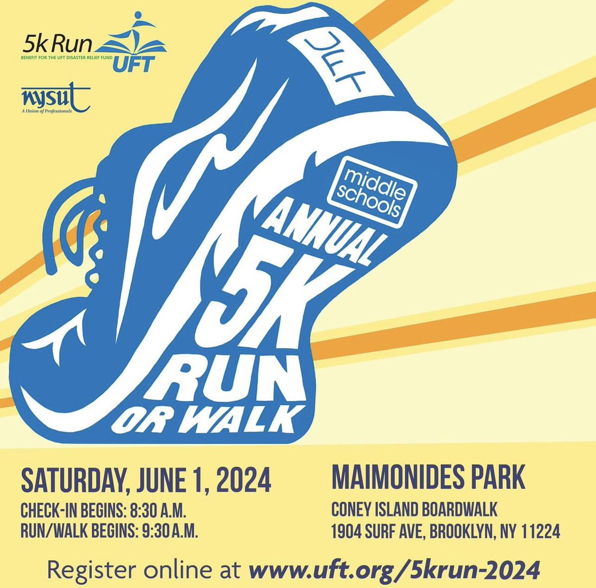 Get those 👟👟👟Ready, Save the Date June 1st! The annual 5k run or walk in Coney Island on June 1 should be loads of fun! Register at uft.org/5krun-2024.