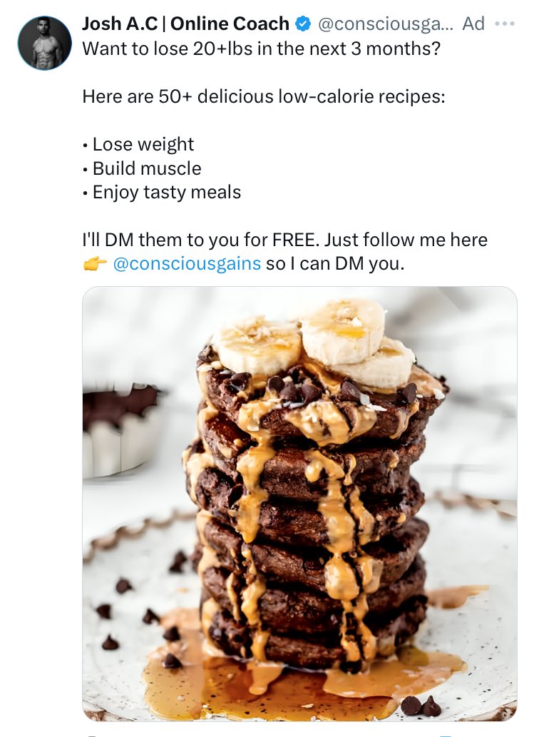 GuyLambertCopy's tweet photo. Now this guy gets it

- appealing and simple image
- clear text with key phrases like “low-calorie” and “lose weight”
- simple bullet point with minimal text
- ‘FREE’ = makes me want it
- repeats his @

Well done @consciousgains nice work! 

#marketing #socialmedia #copywriting https://t.co/TbUNRowZna