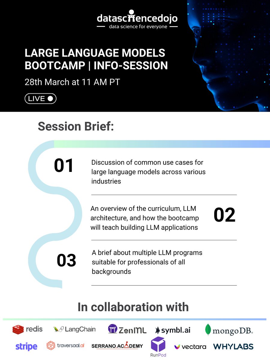 🚀Transform your #data strategies with our upcoming #LargeLanguageModels Bootcamp! Join us on March 28th, for an insightful information session: hubs.la/Q02pFvzm0 

#LLMBootcamp #AIBootcamp #LanguageModels #AI #Azure #LangChain #artificialintelligence