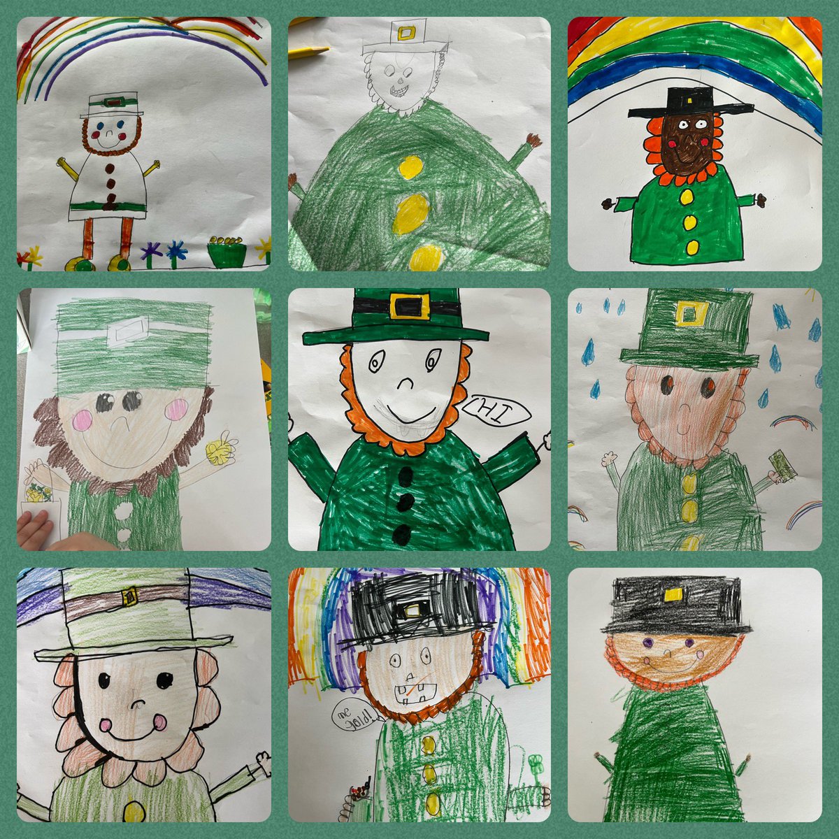 DeniseGertz's tweet image. Happy St. Patrick’s Day
Just a few of the leprechauns created during a directed draw.  
#StPatrickDay #directeddrawing #teamgertz2324