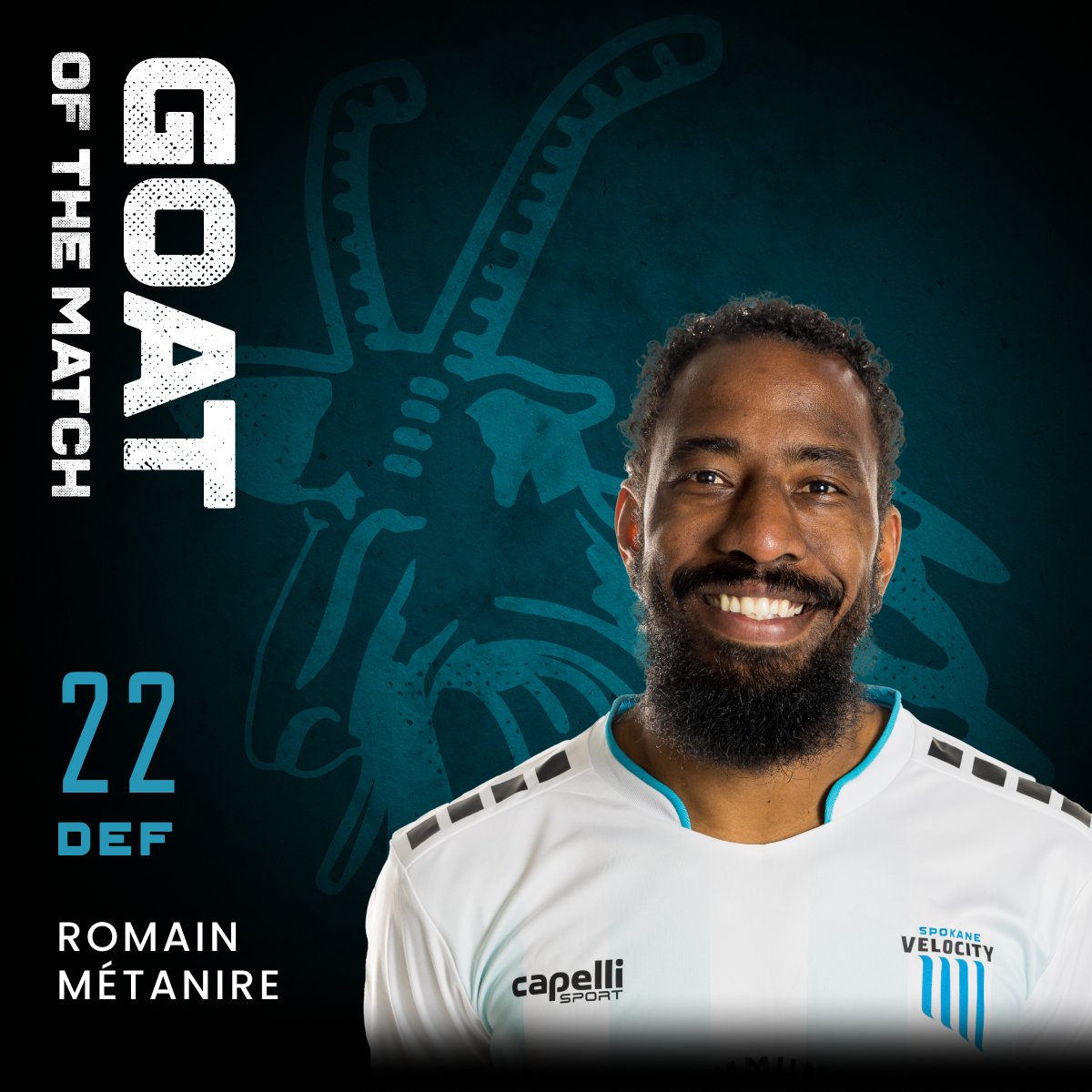 SpokaneVelocity's tweet photo. Introducing your first ever GOAT of the match! (Greatest Of All Time) 
ROMAIN MÉTANIRE 🐐

#WelcomeToTheEdge https://t.co/S8q8shr5aR