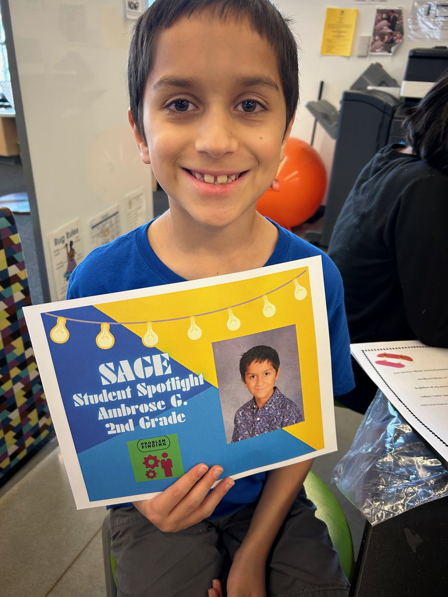 Ambrose, @NashuaES, is in the SAGE Spotlight for problem finding! Ambrose recognizes where issues exist and brainstorms creative solutions. He has an observant nature and is able to pinpoint small adjustments in projects that make a big difference.