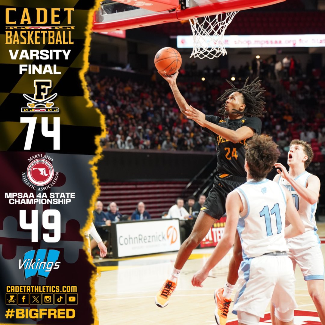 Cadetathletics.com Scoreboard 

MPSSAA 4A State Championship 
Boys Varsity Basketball- Final
Frederick 74,
Walt Whitman 49

The Cadets claim their first state title since 1982 in dominating fashion 

⚔️ | #BigFred | ⬛️🟨 | #ProtectTheParkway