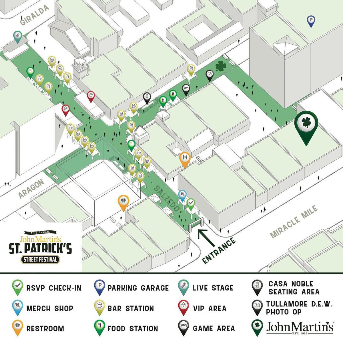 Our #bike tour is tomorrow, starting at the Coral Gables Museum at 10am. The green area in the image shows where roads will be closed for the St. Patrick’s Day event. When we return,  lock your bike up and enjoy the party!🍀🍀