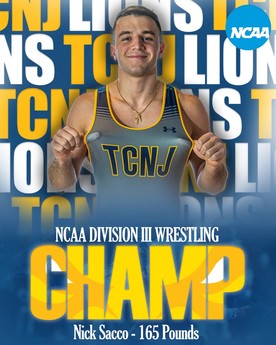 NICK SACCO, 2024 NCAA CHAMPION! For the first time since 2019, @TCNJ_Wrestling will bring an NCAA Individual Championship back to Ewing! Sacco defeated Noah Leisgang of Wisconsin La Crosse, 2-1, to claim the NCAA DIII 165 Pound Title. #TCNJ #LionPride 🦁🤼‍♂️