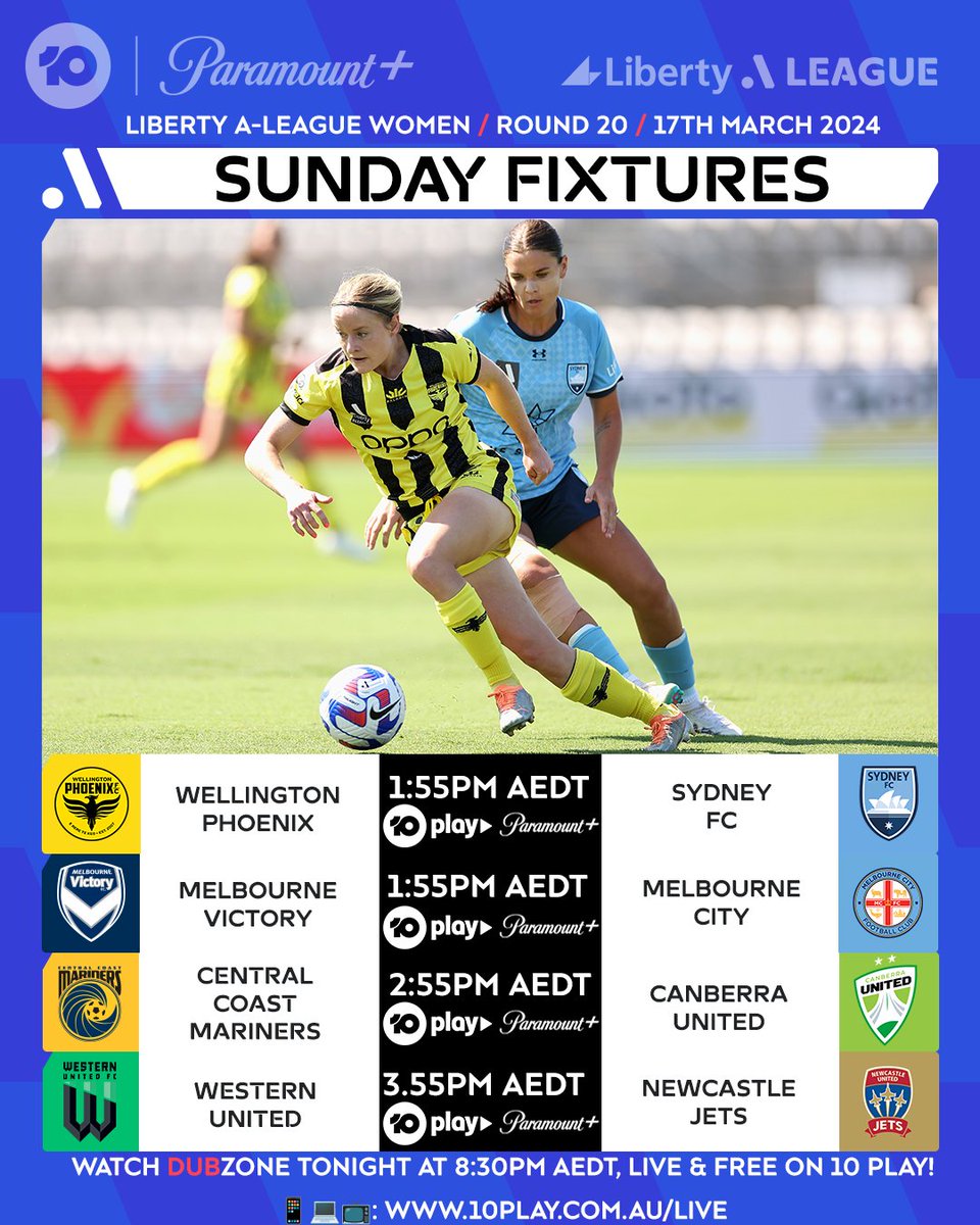 No Sunday afternoon plans? ⚽👀 We've got you covered with 4 huge @aleaguewomen's matches, live & free on 10 Play! Then tonight, join us for #DubZone as the team review Round 20 and the journey of the #YoungMatildas at the U20 Women's Asian Cup! 📺💻📱: 10play.com.au/live