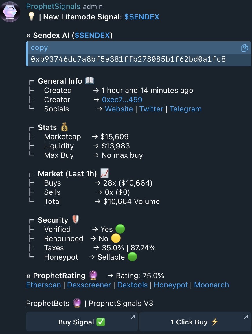 The Trading Algorithm at <a href="/ProphetBots/">ProphetBots</a> ⚠️ 

$SENDEX was signalled at $15.6k MC    

$SENDEX  hit $4.1m MC    

A 262.8x on a 0.05ETH entry...    

Returning a MAX 13.1ETH // $48.2k USD profit.