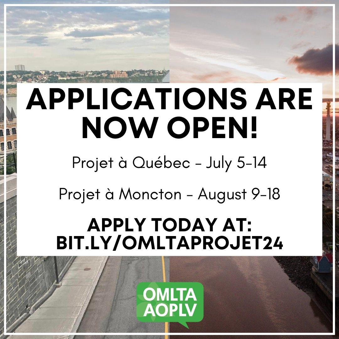 It's here! 🙌

Applications are officially open for Projet à Québec &amp; Projet à Moncton. Please see the application for additional information and requirements. Applications close April 19. For more info or to apply visit bit.ly/omltaprojet24

#omlta #omltapaq24 #omltapam24