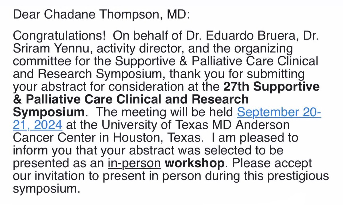 Chadane Thompson, MD (@cthompson_md) on Twitter photo Thank you to Dr. Eduardo Bruera (@BrueraEduardo), Dr. Sriram Yennu, the entire organizing committee <a href="/MDAndersonNews/">MD Anderson Cancer Center</a>, and my mentors! This symposium presents an exceptional opportunity to further develop and enrich my exposures in palliative/supportive care!🎊
#HAPC #HPM #PallOnc Thank you to Dr. Eduardo Bruera (@BrueraEduardo), Dr. Sriram Yennu, the entire organizing committee <a href="/MDAndersonNews/">MD Anderson Cancer Center</a>, and my mentors! This symposium presents an exceptional opportunity to further develop and enrich my exposures in palliative/supportive care!🎊
#HAPC #HPM #PallOnc