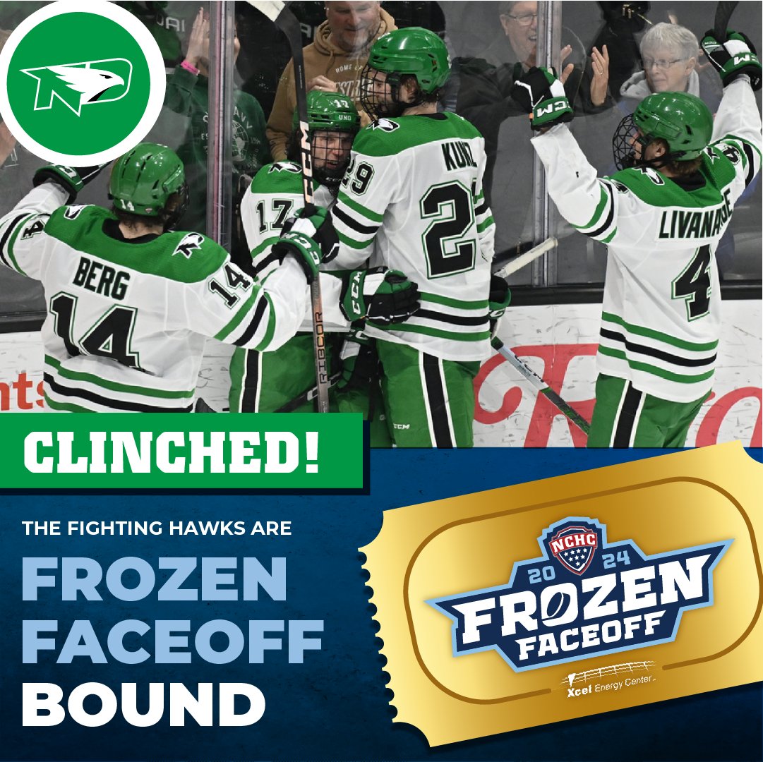 See you at @XcelEnergyCtr in @SaintPaul next weekend, @UNDmhockey! UND is headed to the #FrozenFaceoff for the 4th straight year and 9th time overall! 🏆🎟️: bit.ly/24FFTickets Fan info: bit.ly/24FanEventsFro…