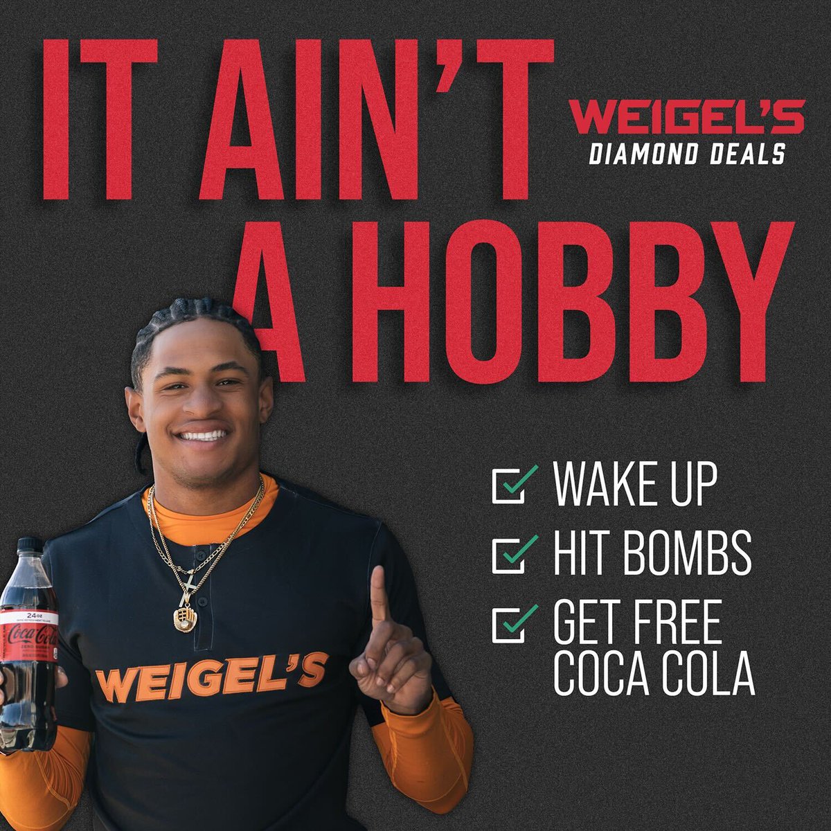 Ladies and gentlemen, he's done it again! Christian Moore has hit another home run! Stop by Weigel's tomorrow to get your free 24 oz coke product with your My Weigel’s Rewards card!