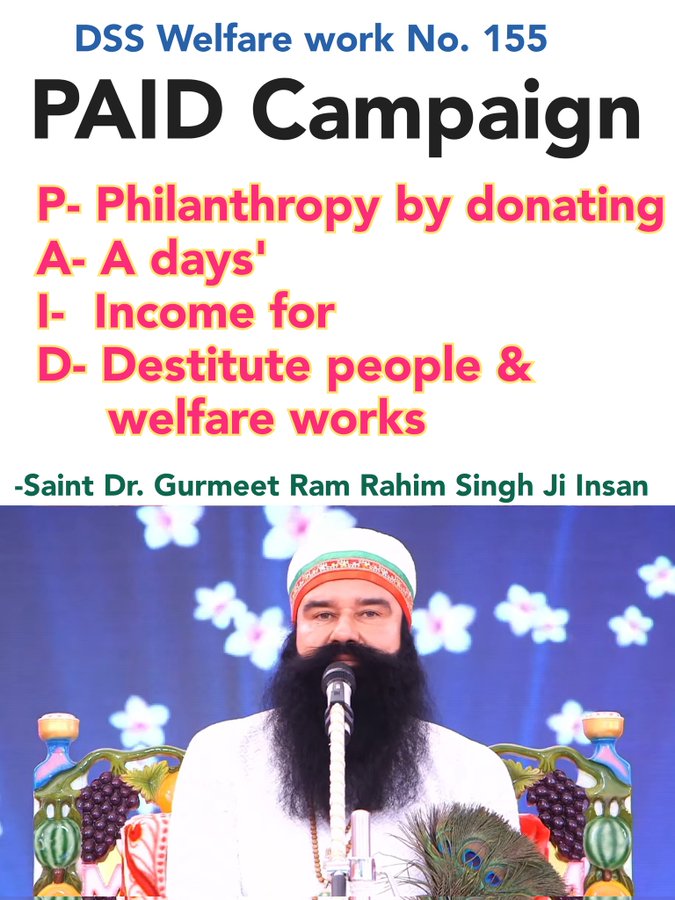 Samriti82711342's tweet photo. Paid Compaign were started with the inspiration of Saint Gurmeet RAM Rahim Ji.
#PaidCompaign i.e. giving one day salary for the poor people. https://t.co/q4v1fveRyM