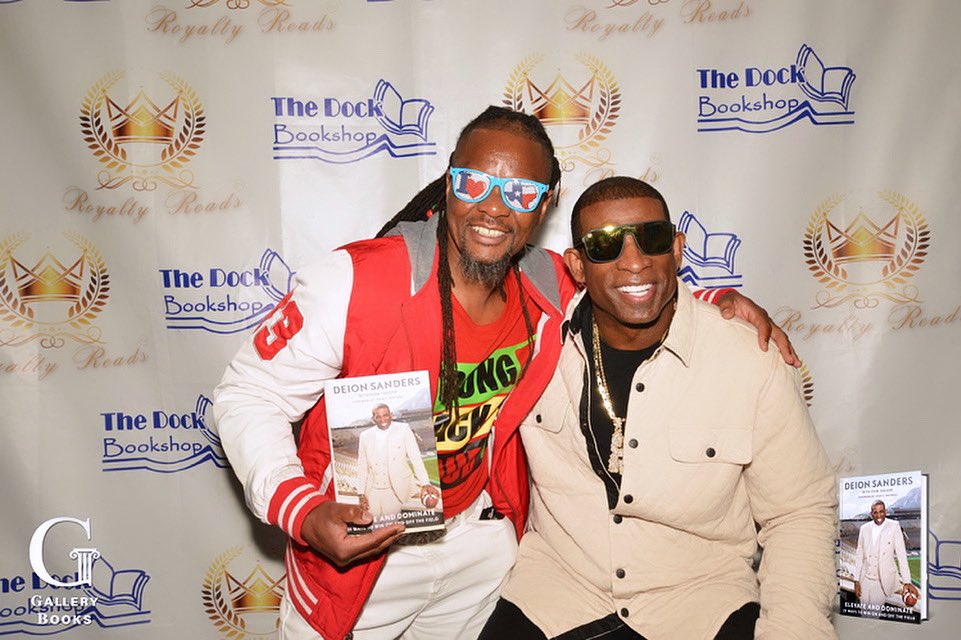 Thinkredible's tweet photo. Prime time with Coach Prime on 16th March 2024 in Texas during his book signing tour, “ 21 Ways to Elevate and Dominate ! “ https://t.co/hSbjkJ0832