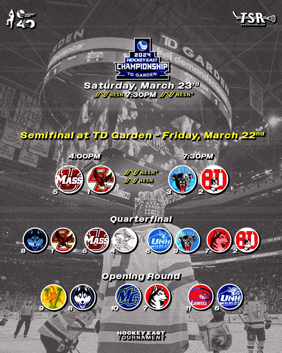 hockey_east's tweet image. The Semifinals Are Set 🏆

Get your tickets to the #HockeyEast Championship Weekend @tdgarden 🏟️

🎟️: rb.gy/92jxns
#WhereChampionsPlay